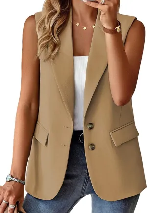 2025 Womens Summer Sleeveless Blazer Vest Lightweight Fully-Lined Two Button Casual Fashion Work Jacket Pockets