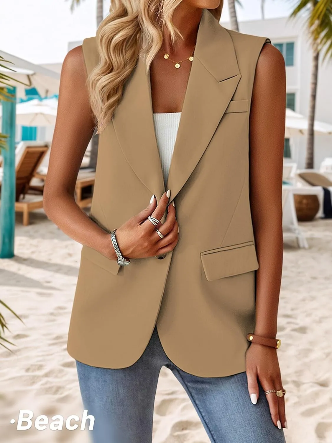 2025 Womens Summer Sleeveless Blazer Vest Lightweight Fully-Lined Two Button Casual Fashion Work Jacket Pockets