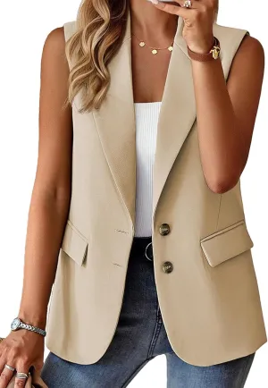 2025 Womens Summer Sleeveless Blazer Vest Lightweight Fully-Lined Two Button Casual Fashion Work Jacket Pockets