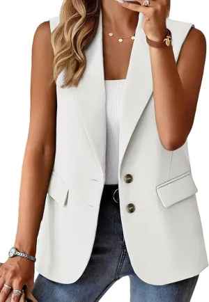2025 Womens Summer Sleeveless Blazer Vest Lightweight Fully-Lined Two Button Casual Fashion Work Jacket Pockets