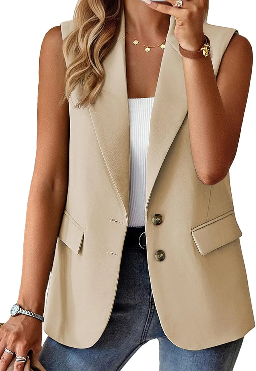 2025 Womens Summer Sleeveless Blazer Vest Lightweight Fully-Lined Two Button Casual Fashion Work Jacket Pockets