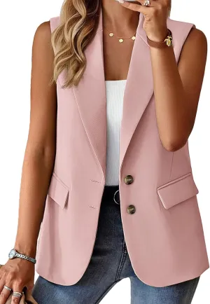 2025 Womens Summer Sleeveless Blazer Vest Lightweight Fully-Lined Two Button Casual Fashion Work Jacket Pockets