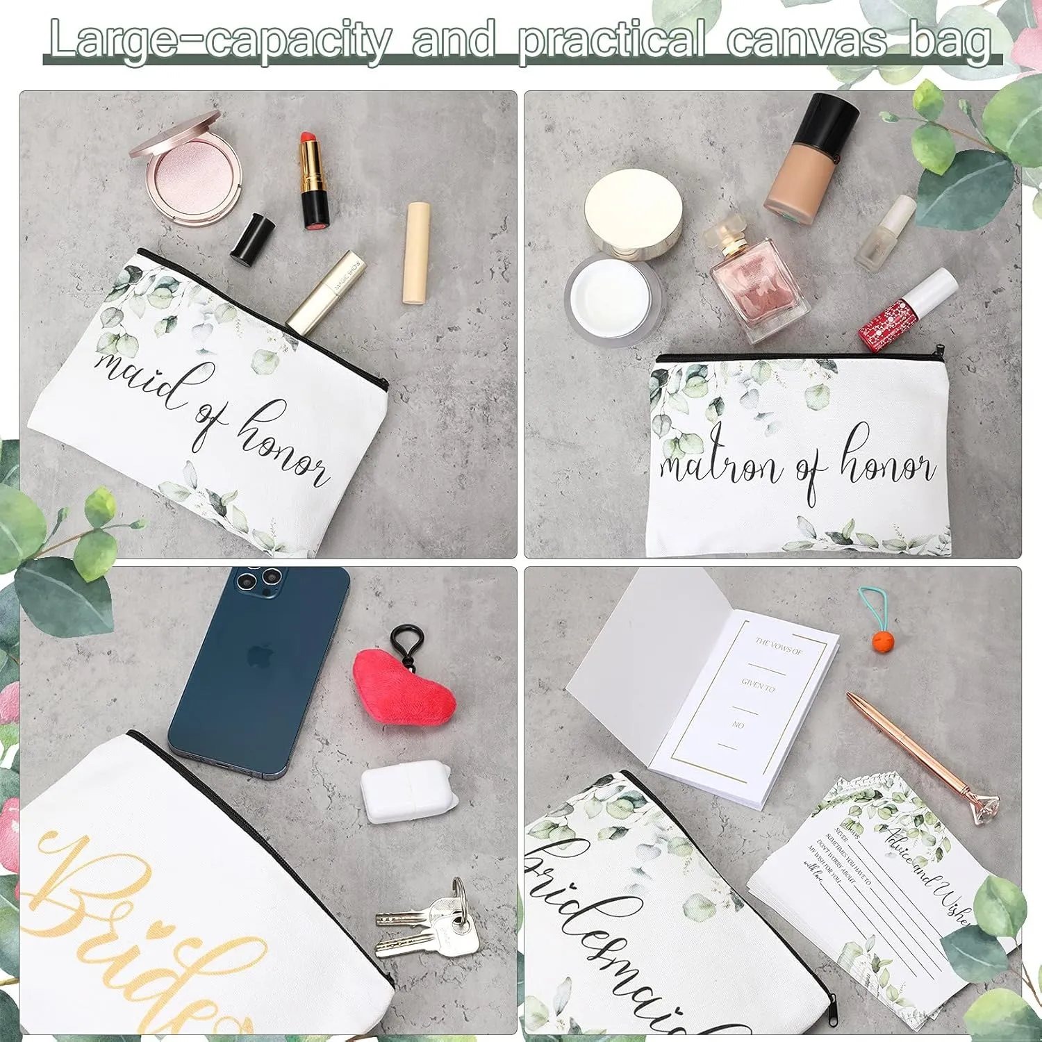 8 Pcs Bridesmaid Makeup Bag Matron of Honor Gifts Bridal Bag for Bridal Wedding Party Gift(Fresh Pattern)