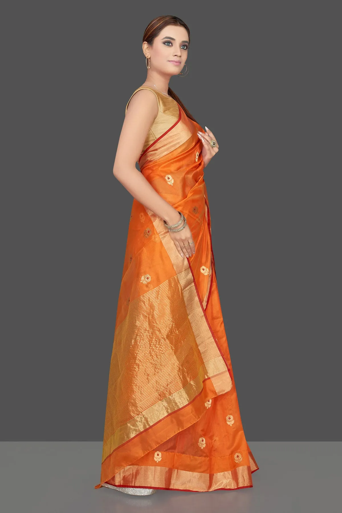 90K174 Orange Chanderi Silk Saree with Golden Zari Minakari Flower Buta