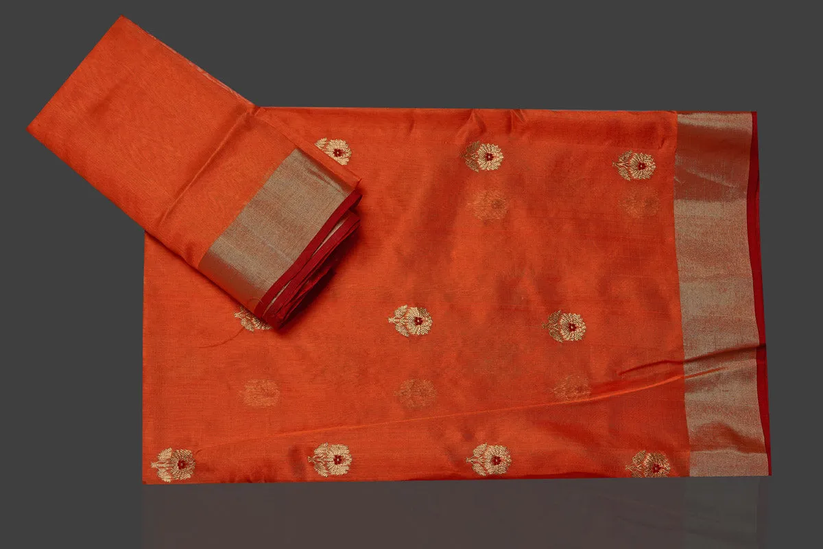 90K174 Orange Chanderi Silk Saree with Golden Zari Minakari Flower Buta