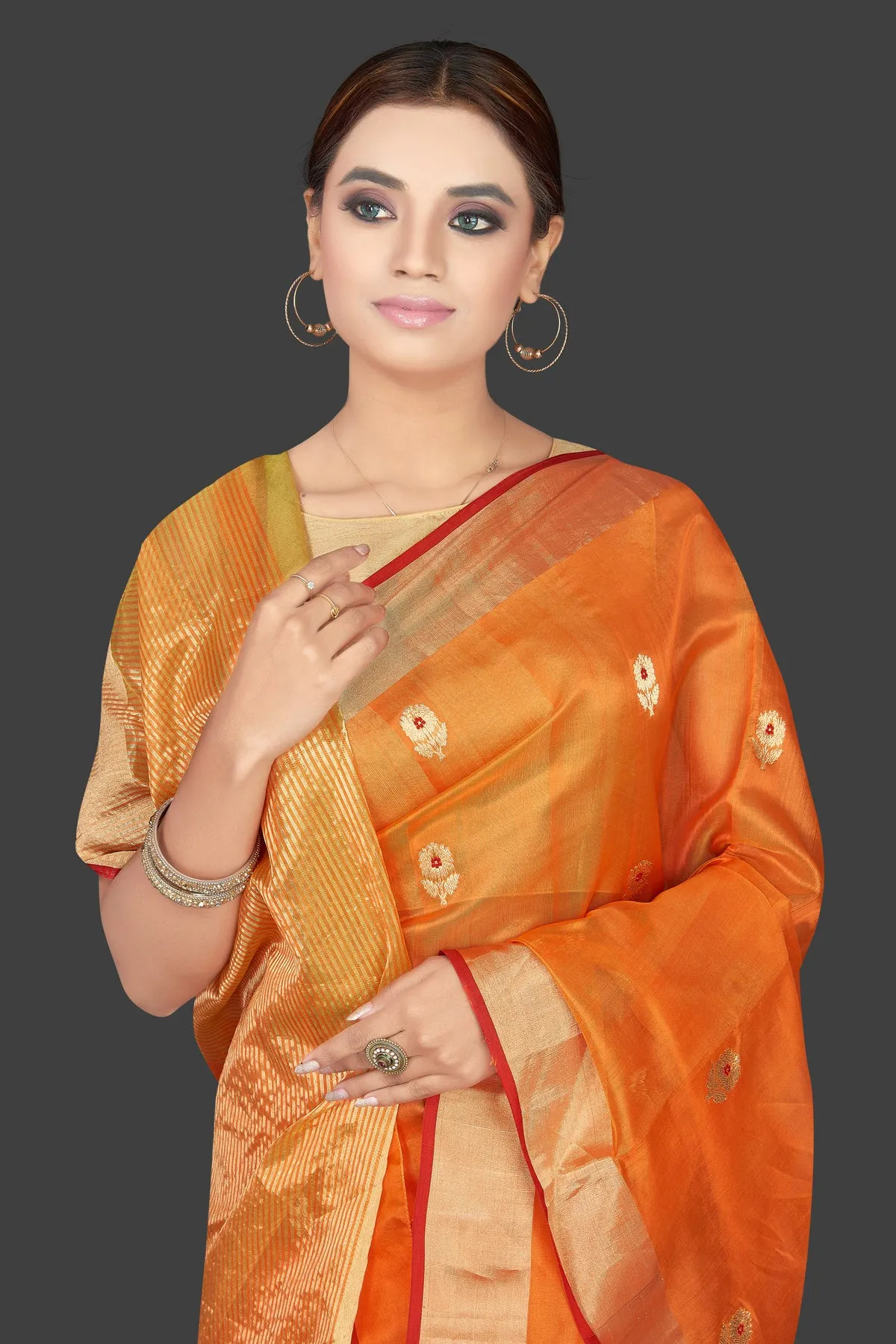 90K174 Orange Chanderi Silk Saree with Golden Zari Minakari Flower Buta