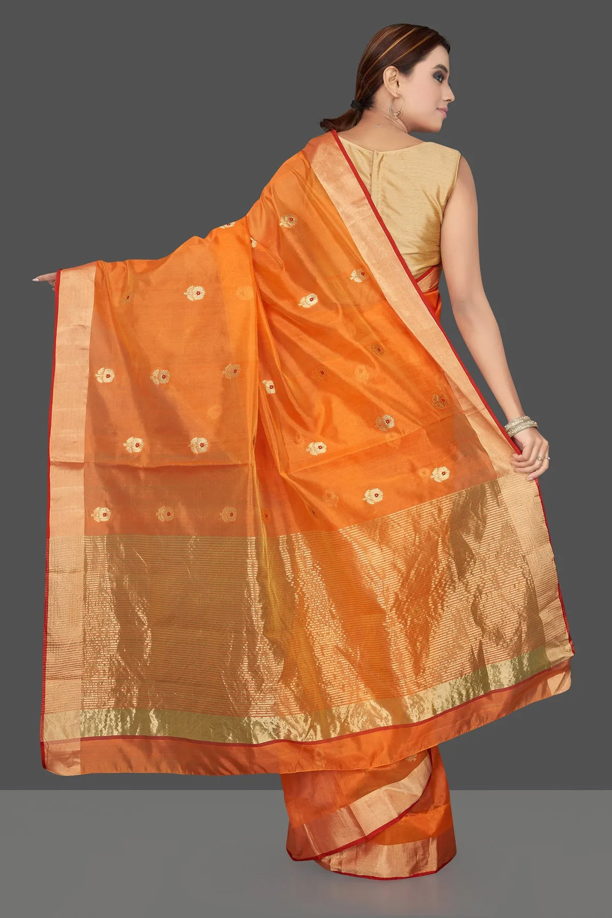 90K174 Orange Chanderi Silk Saree with Golden Zari Minakari Flower Buta