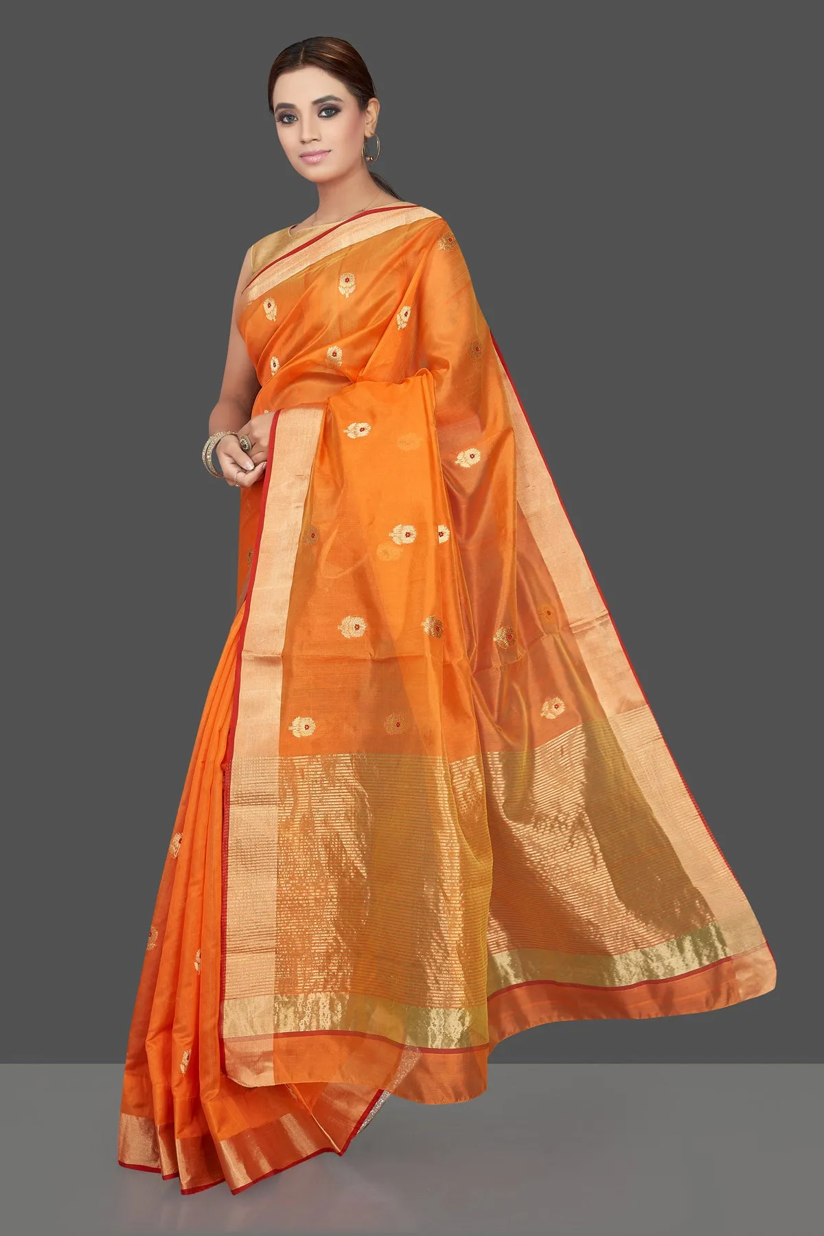 90K174 Orange Chanderi Silk Saree with Golden Zari Minakari Flower Buta