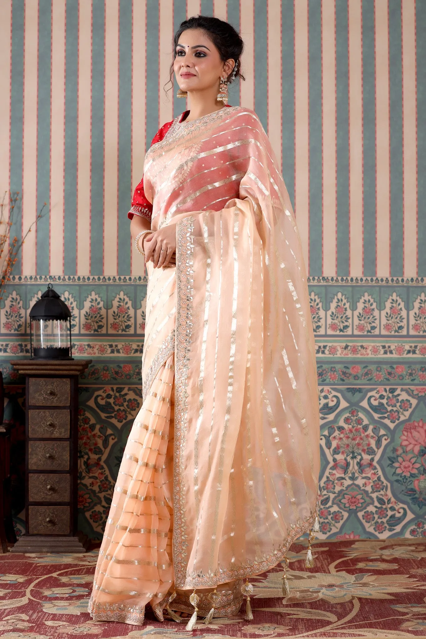 90Z499-NRO Peach Organza Silk Saree with Embroidered Blouse