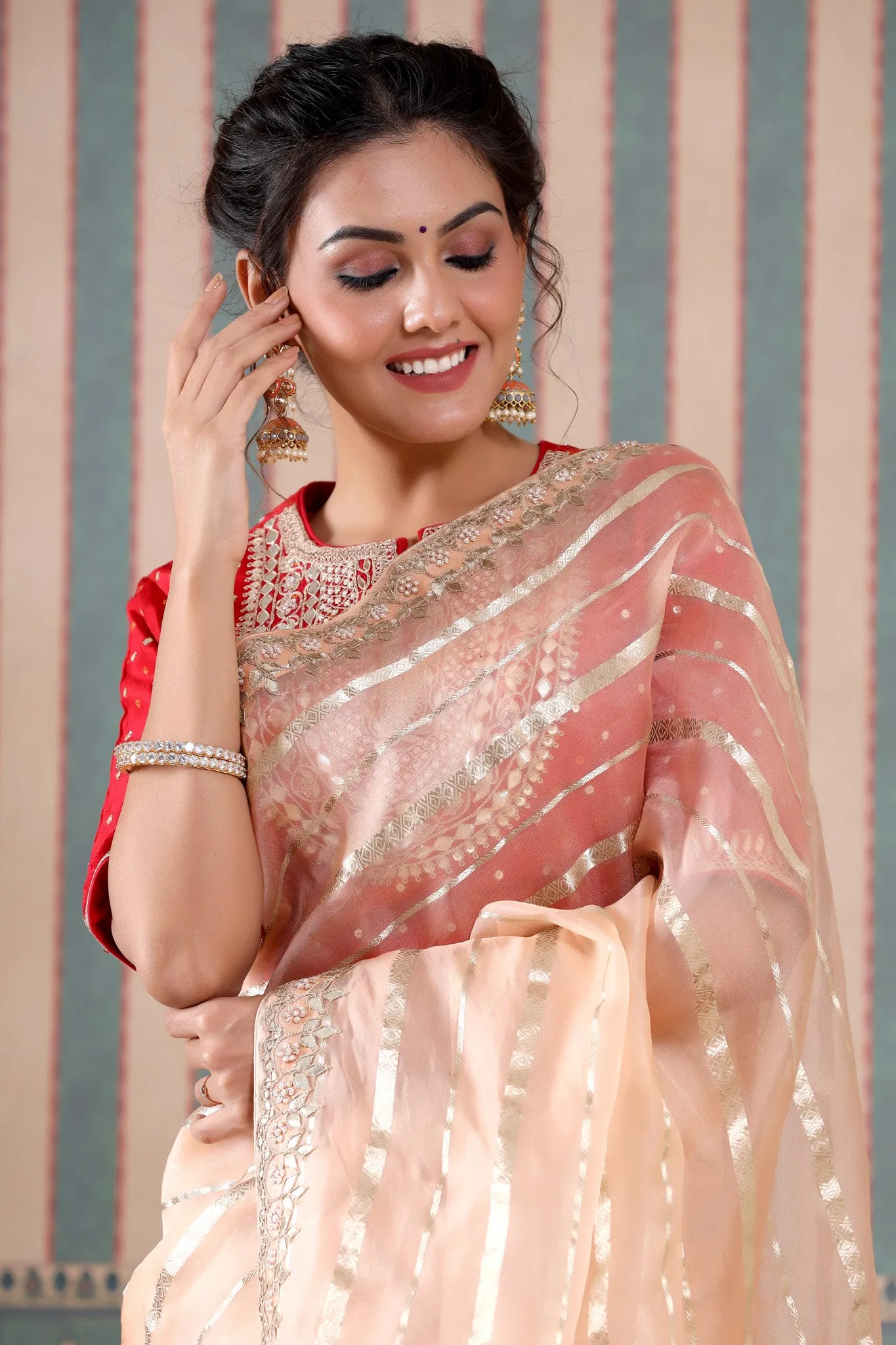 90Z499-NRO Peach Organza Silk Saree with Embroidered Blouse