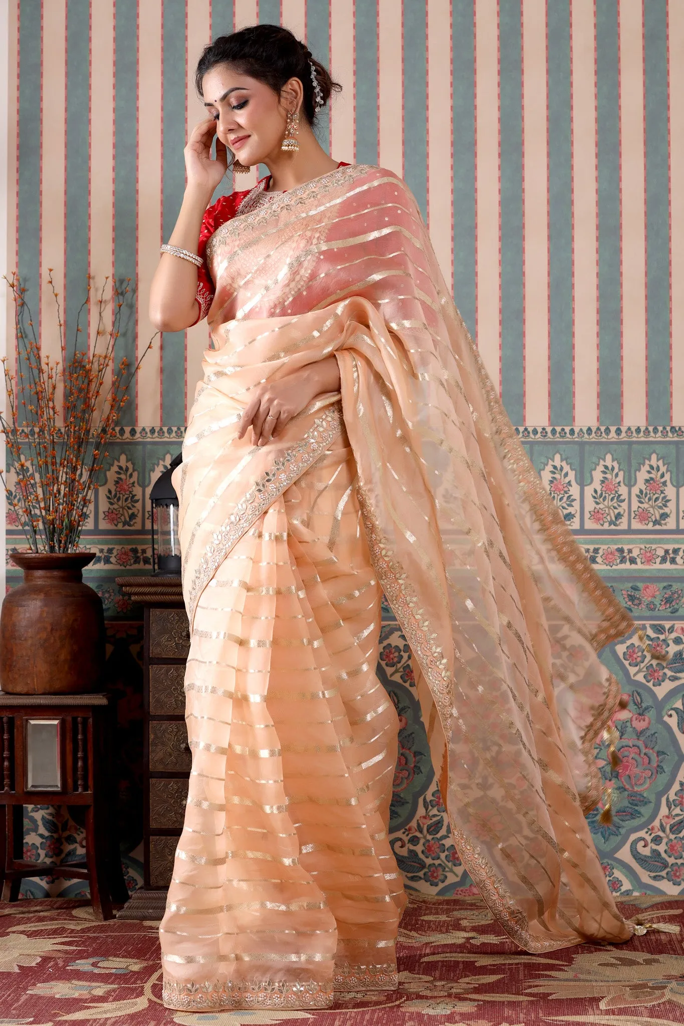 90Z499-NRO Peach Organza Silk Saree with Embroidered Blouse