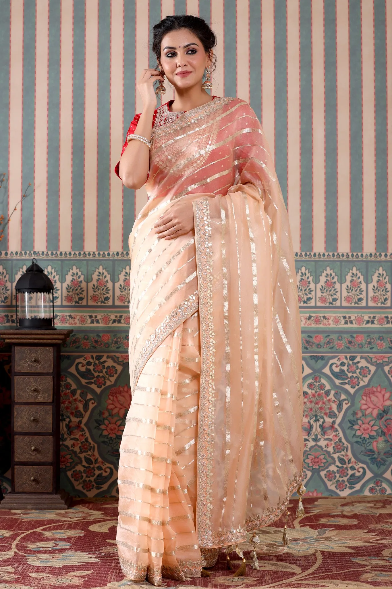 90Z499-NRO Peach Organza Silk Saree with Embroidered Blouse