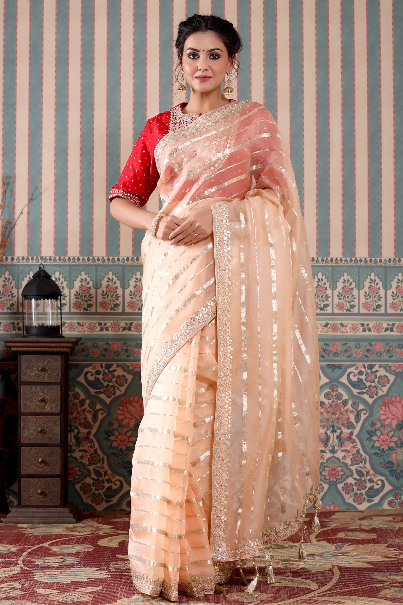90Z499-NRO Peach Organza Silk Saree with Embroidered Blouse