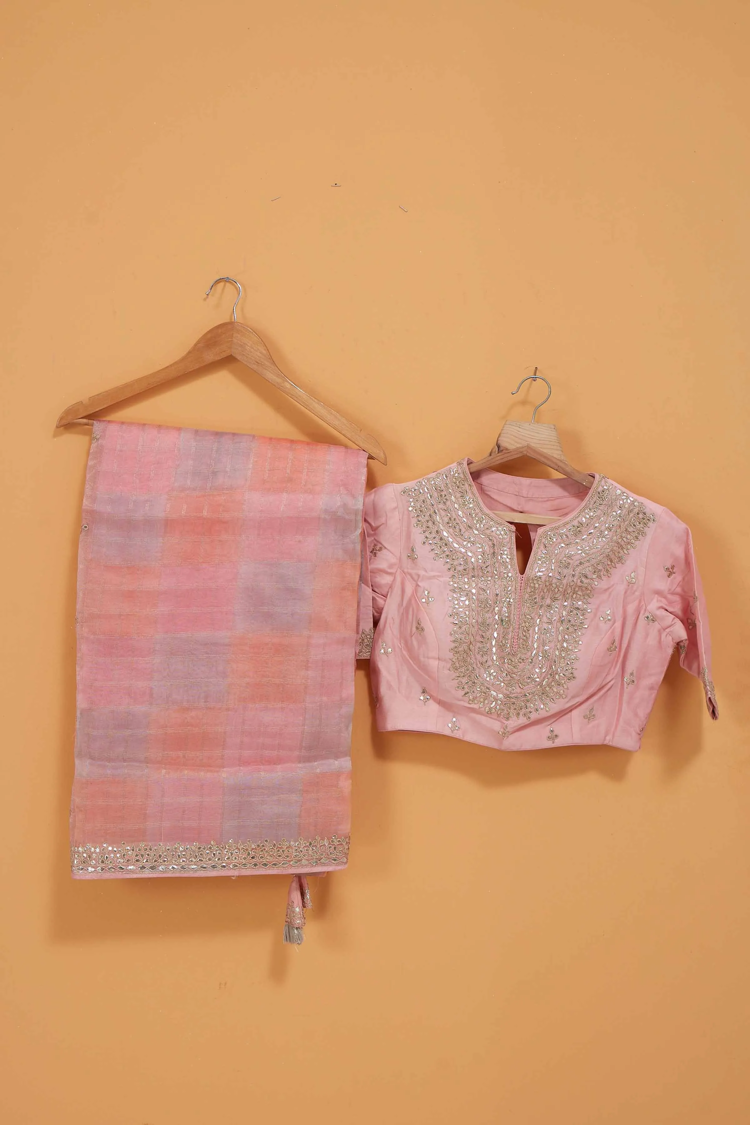 91A059 Peach Embroidered Organza Silk Saree with Designer Blouse