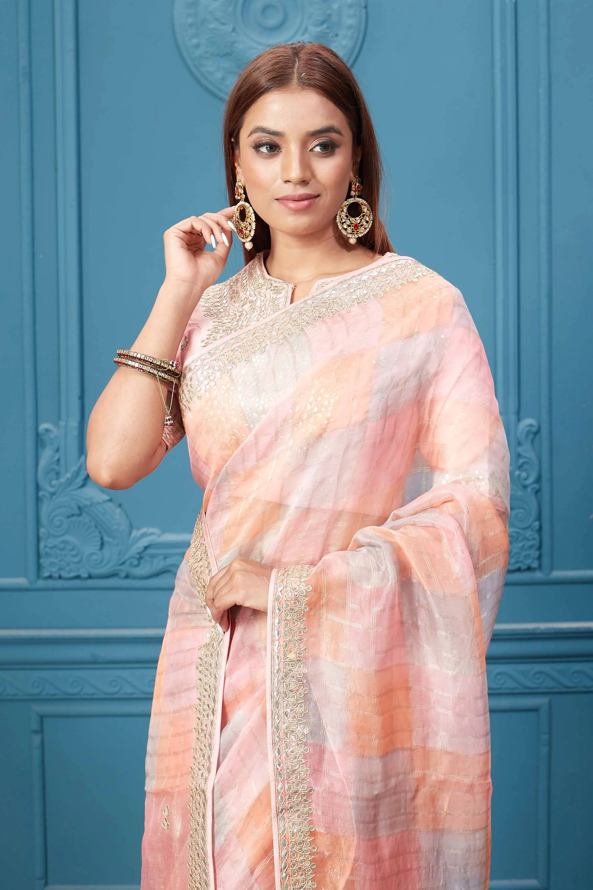 91A059 Peach Embroidered Organza Silk Saree with Designer Blouse