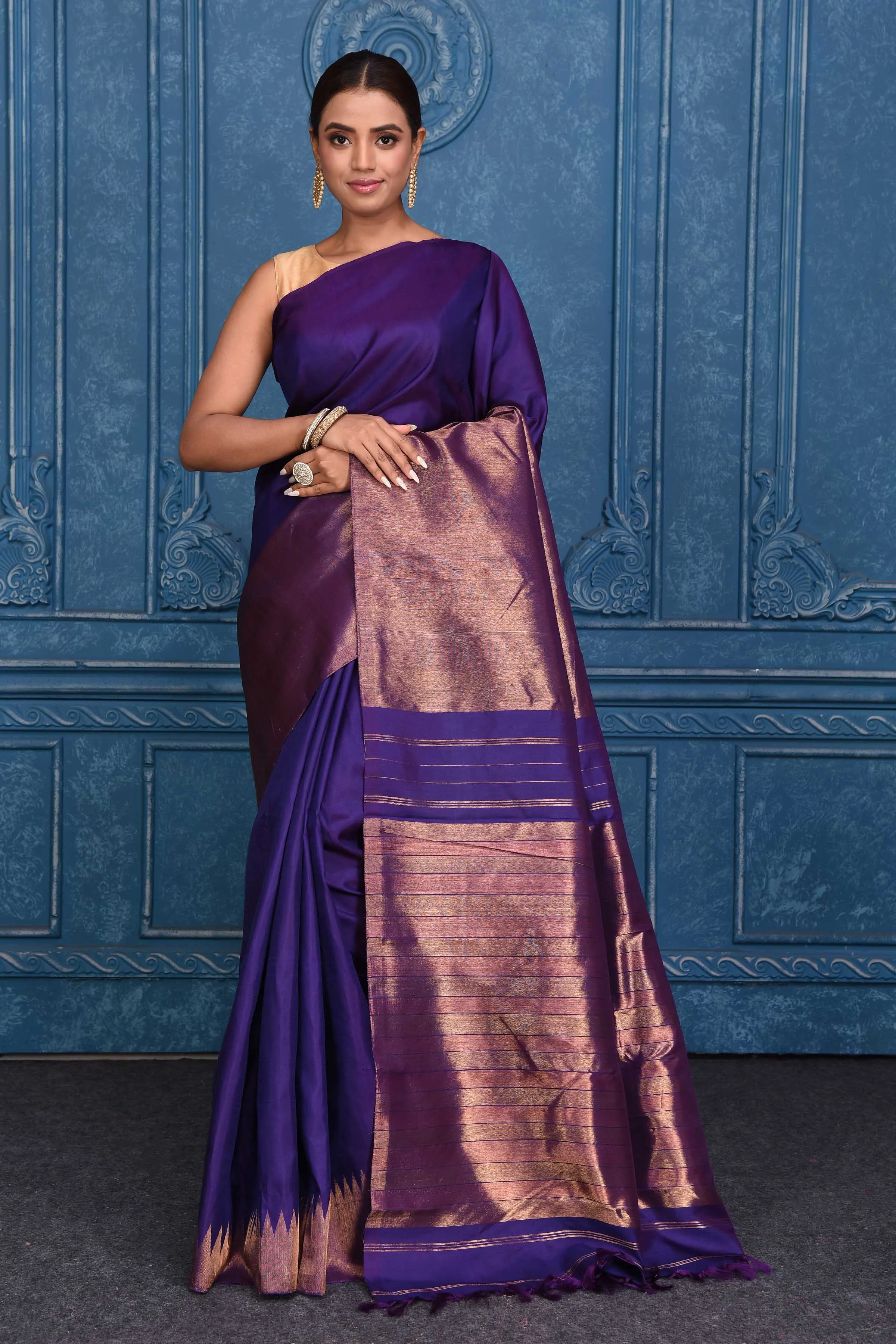 91A133 Purple Kanchipuram Silk Saree with Heavy Zari Border