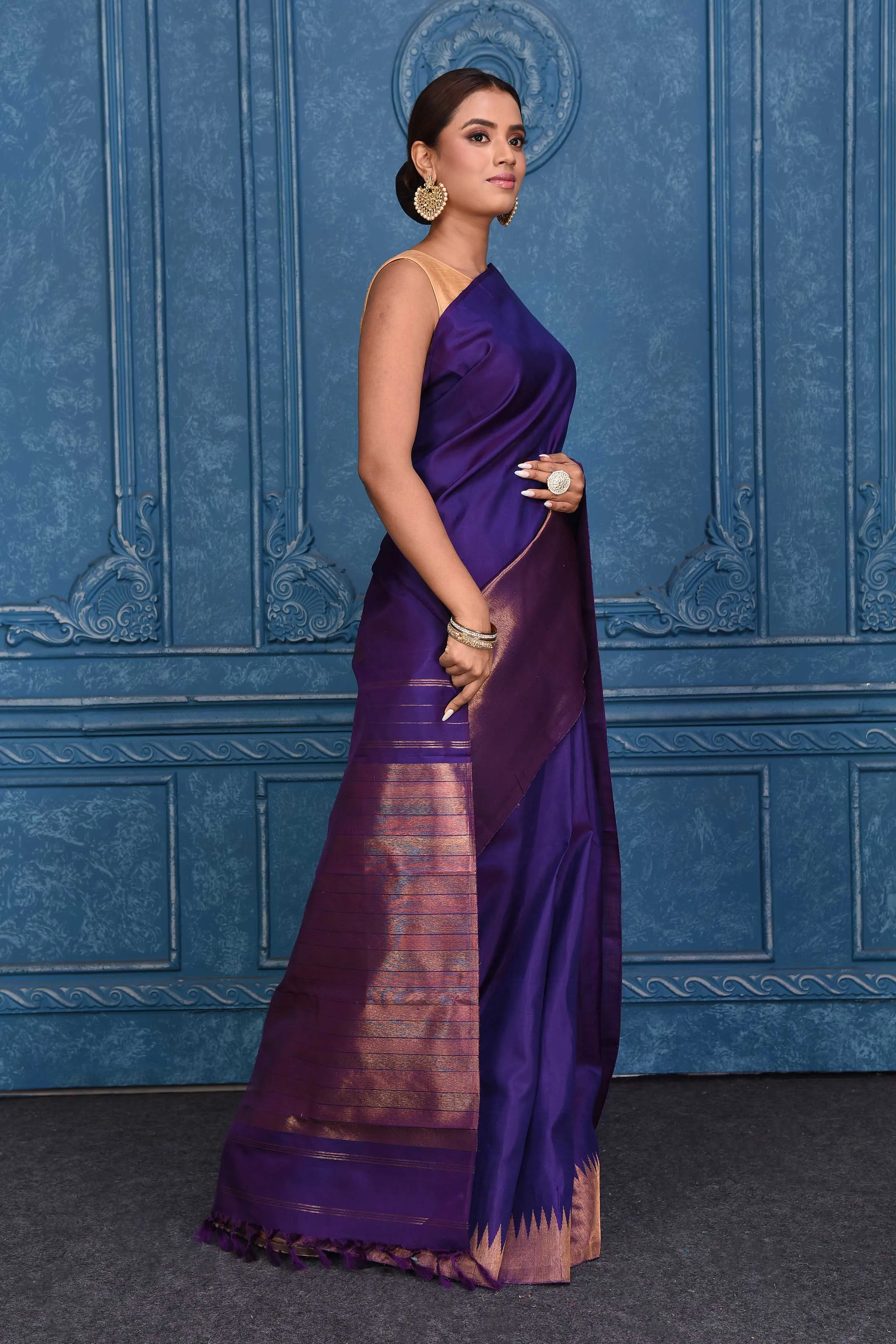 91A133 Purple Kanchipuram Silk Saree with Heavy Zari Border