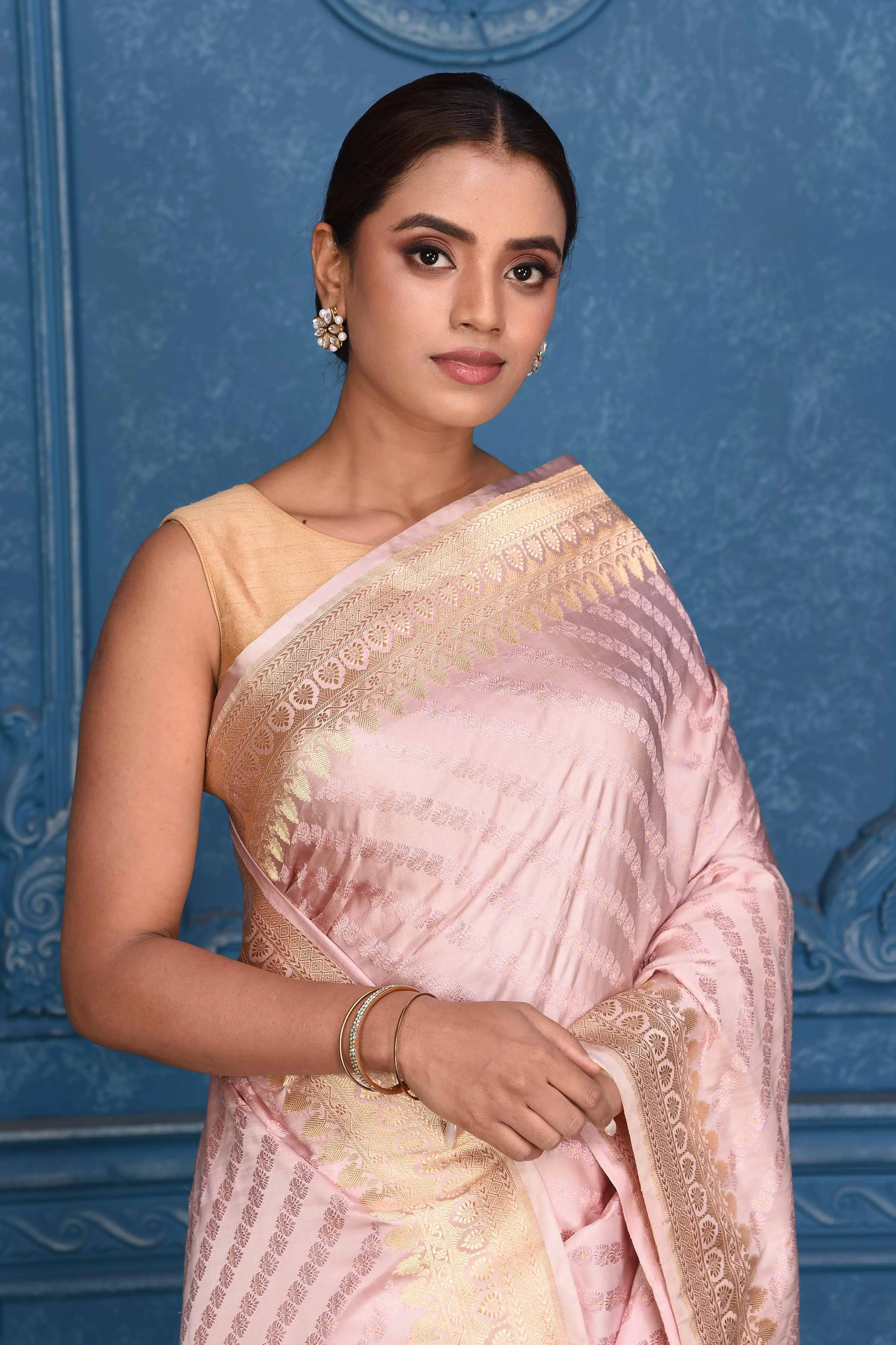 91A190 Powder Pink Katan Silk Banarasi Saree with Zari Stripes