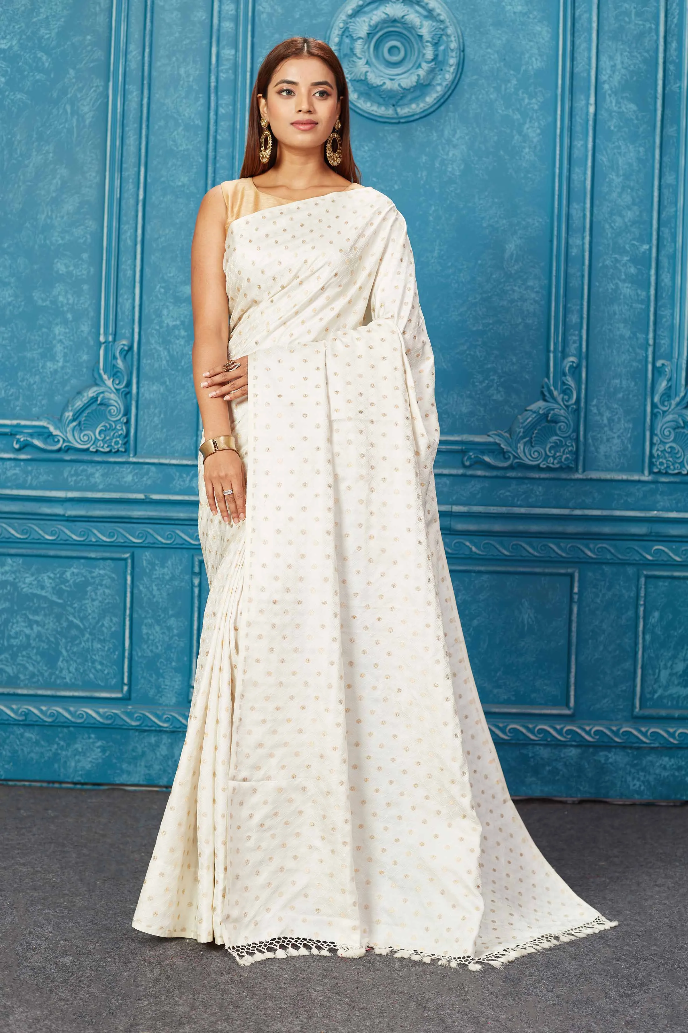 91A257 White Banarasi Silk Saree with Overall Buta