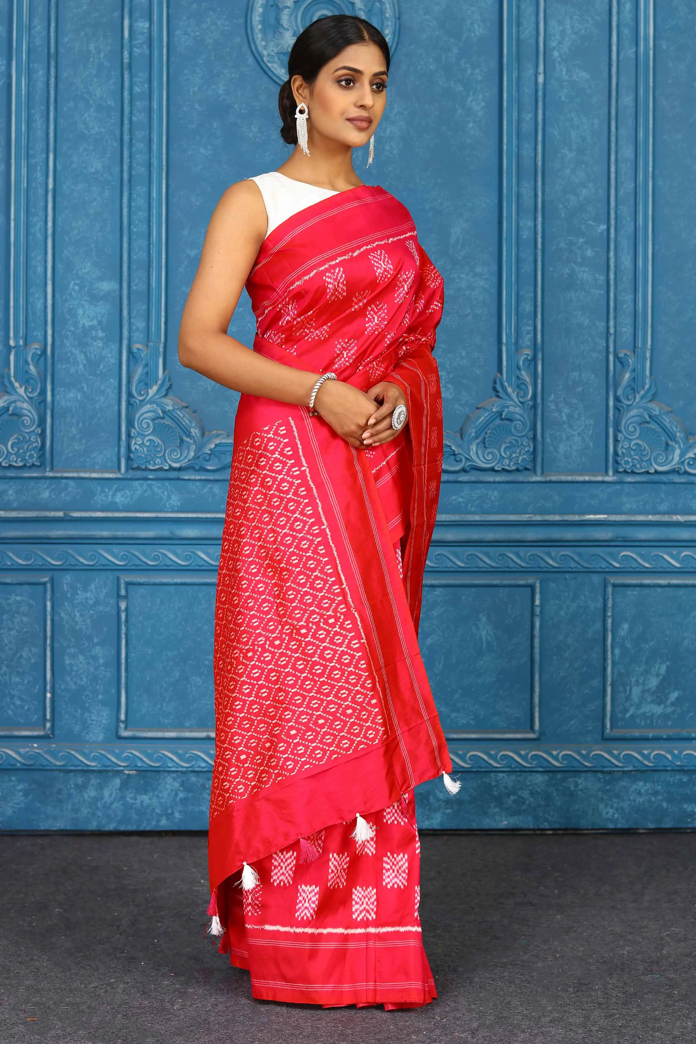 91A443 Red Pochampally Ikkat Silk Saree