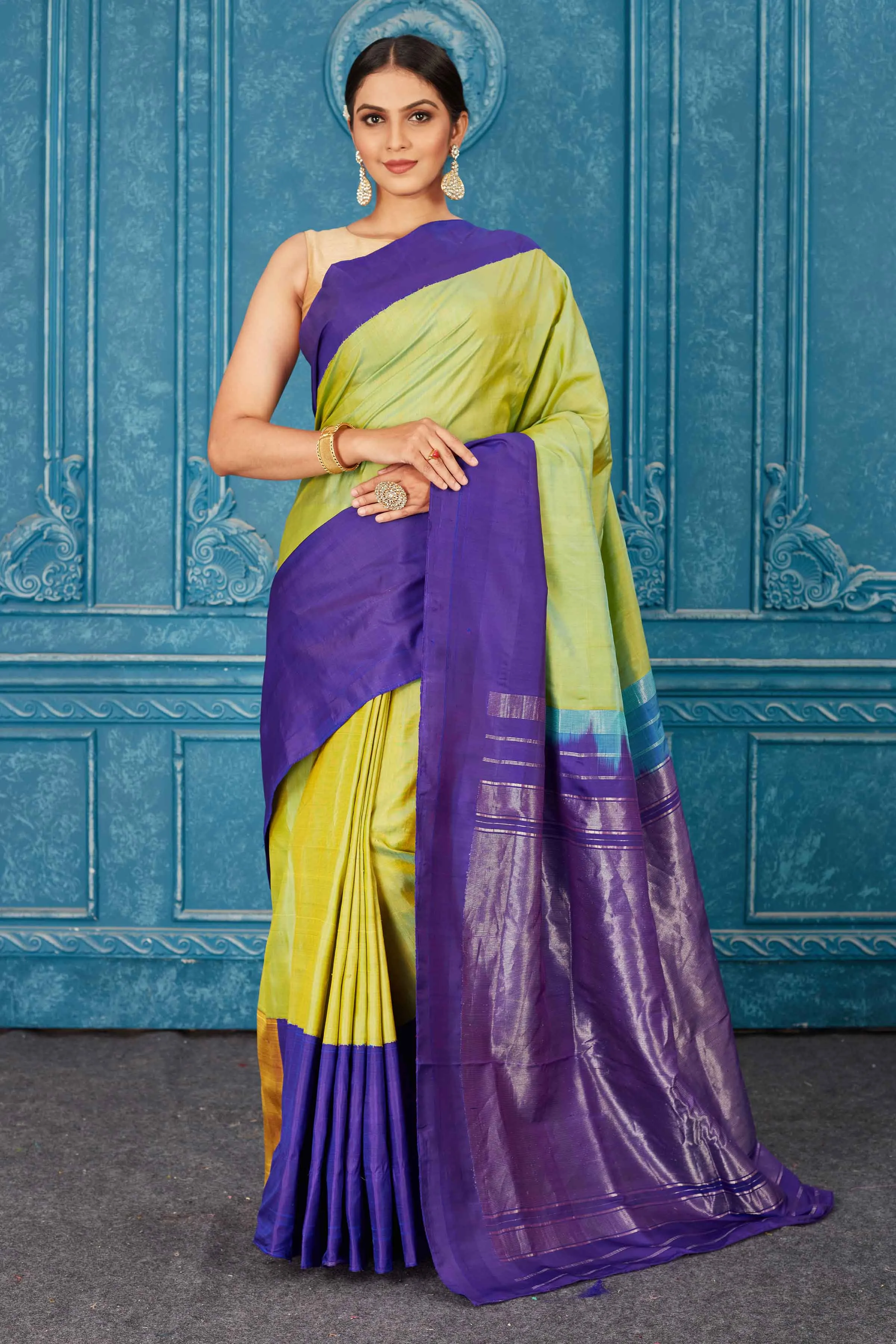 91A468 Pista Green Kanjivaram Saree with Blue Border