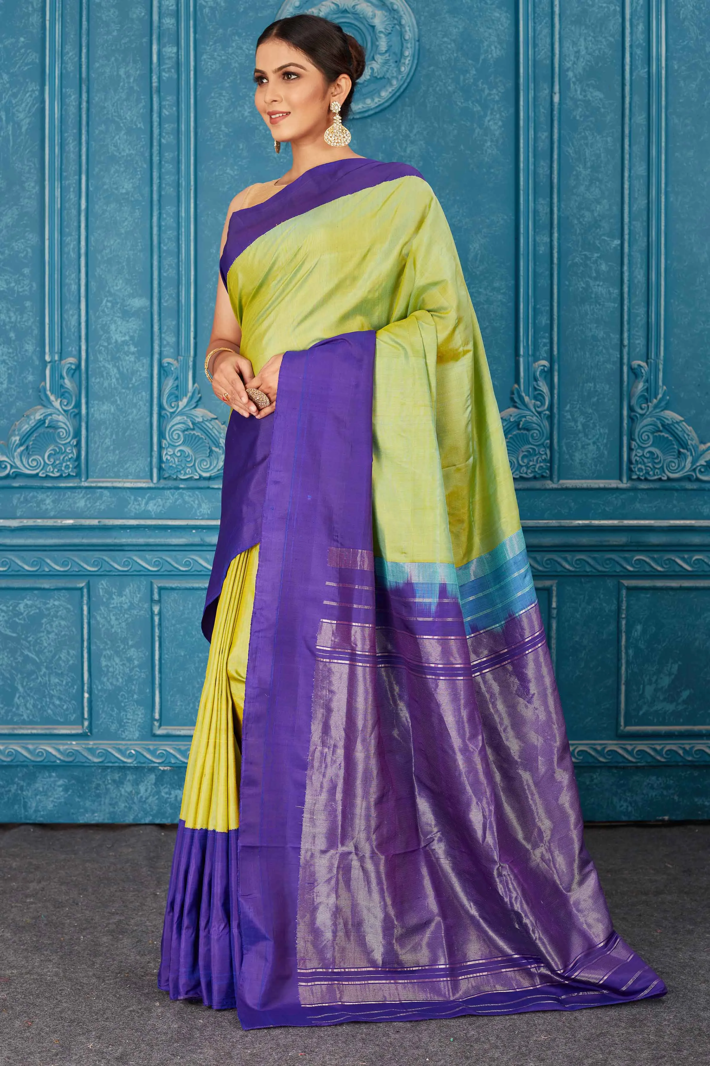 91A468 Pista Green Kanjivaram Saree with Blue Border