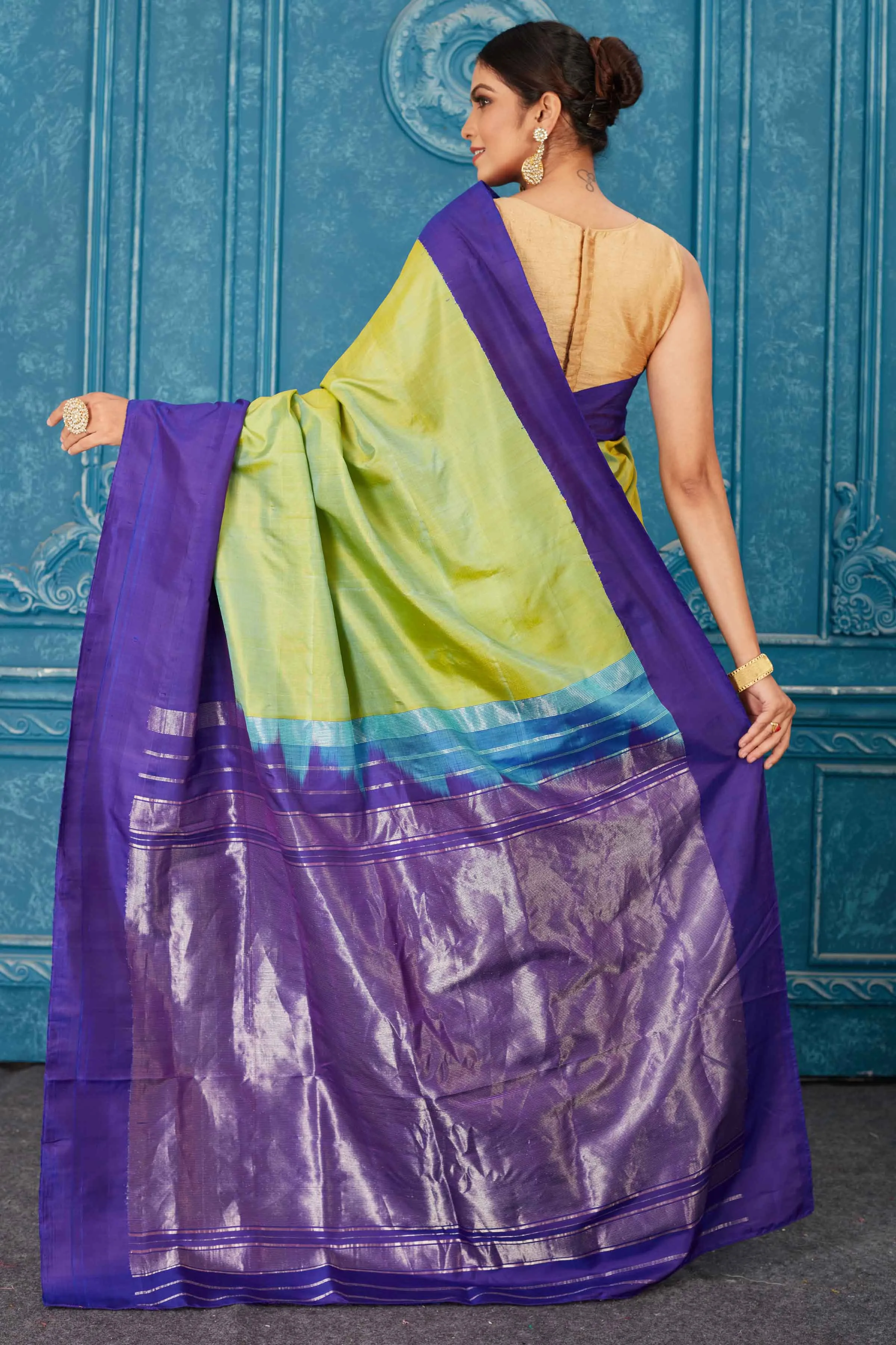 91A468 Pista Green Kanjivaram Saree with Blue Border