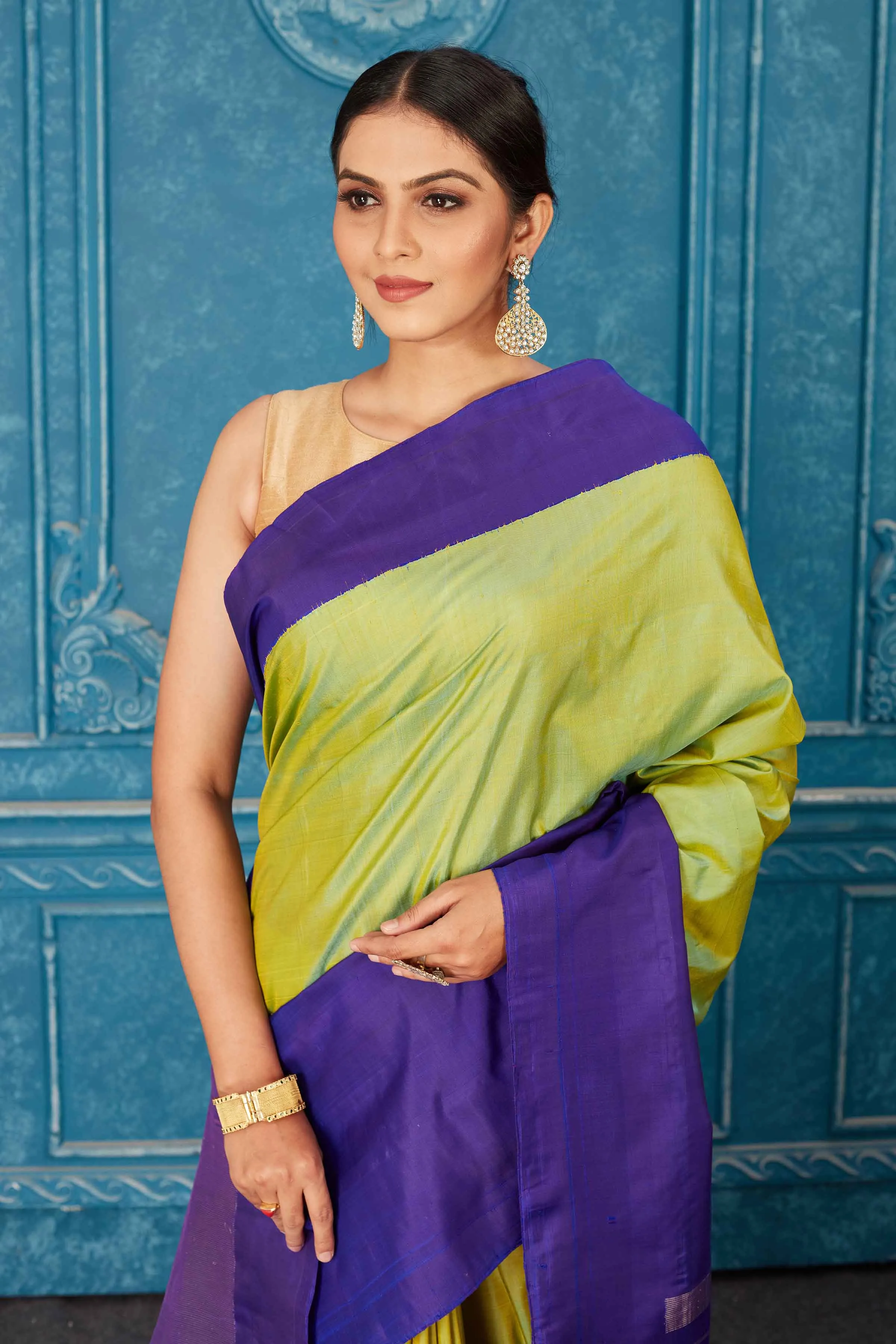 91A468 Pista Green Kanjivaram Saree with Blue Border