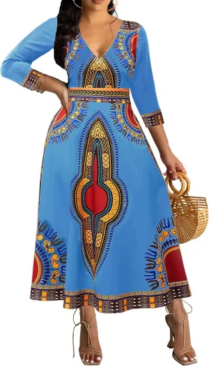 African Long Dresses for Women Elegant Church Dresses Print Maxi Dress High Waist Cocktail Bohemian Vintage Party Outfits