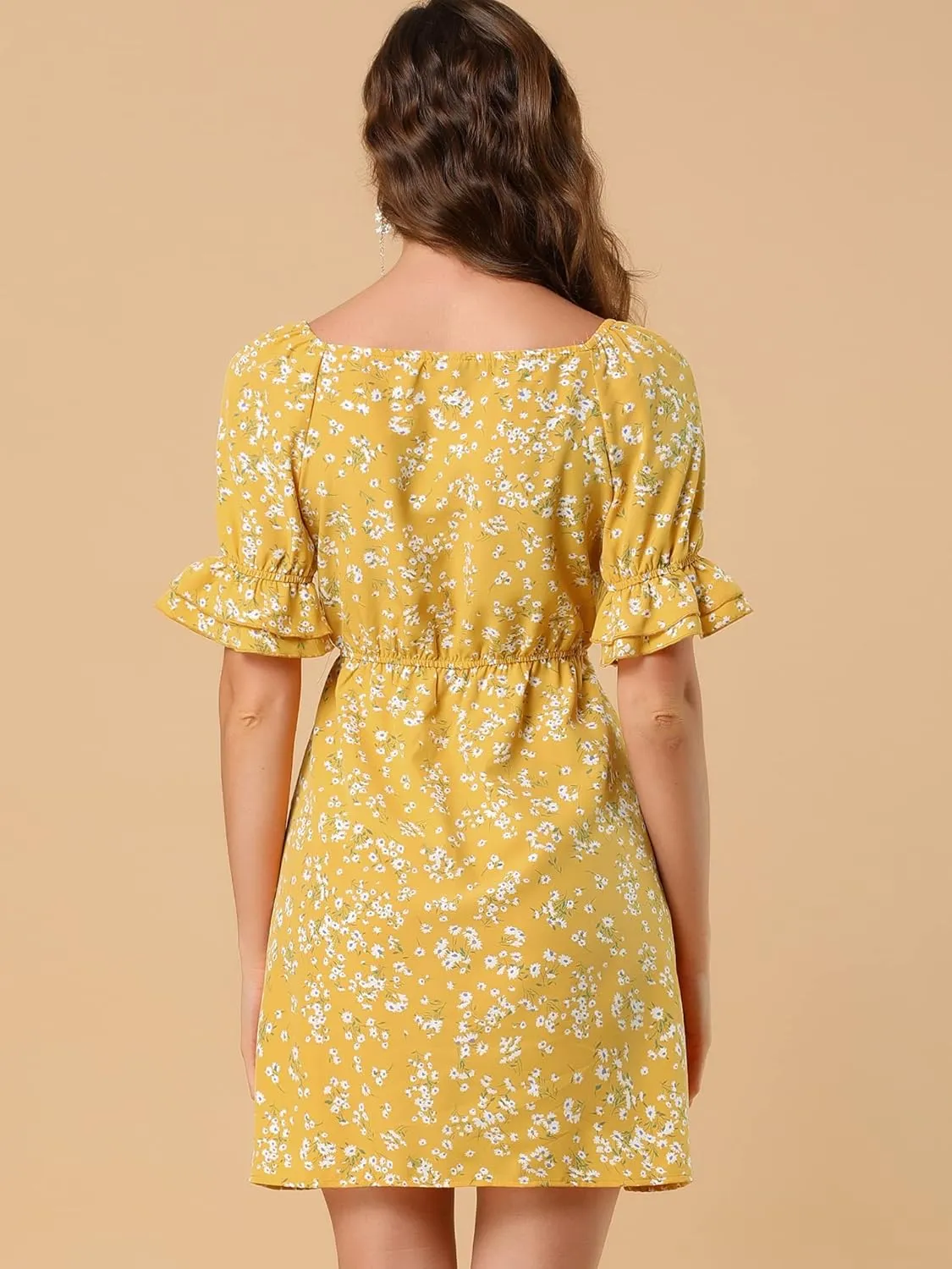 Allegra K Women's 2023 Causal Square Neck Elastic Waist Pocket Puff Sleeve Floral Short Dress