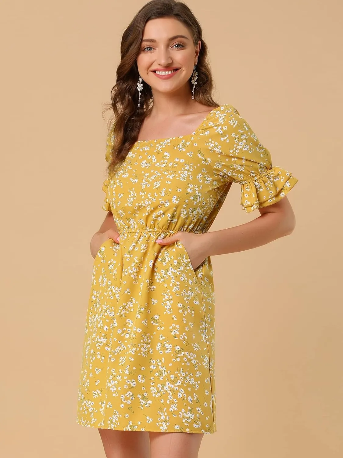 Allegra K Women's 2023 Causal Square Neck Elastic Waist Pocket Puff Sleeve Floral Short Dress