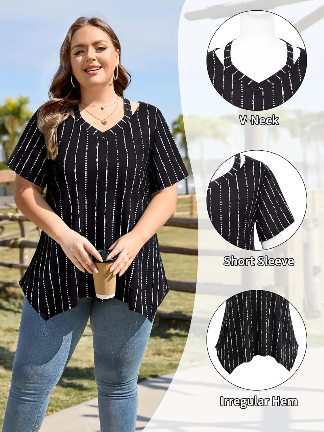 Amrto Women Plus Size Tops Cut Out V Neck 3/4 Sleeve Blouses Dressy Casual Tunic Tops to Wear with Leggings