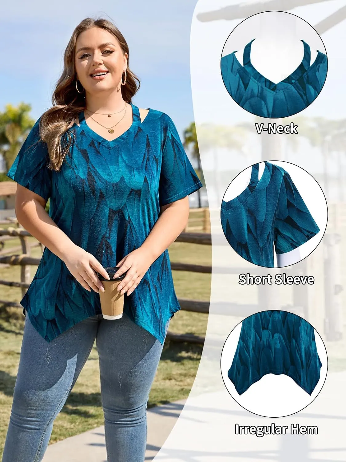 Amrto Women Plus Size Tops Cut Out V Neck 3/4 Sleeve Blouses Dressy Casual Tunic Tops to Wear with Leggings