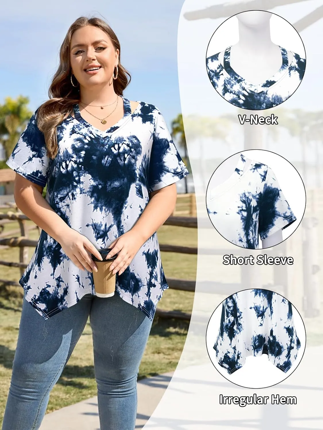 Amrto Women Plus Size Tops Cut Out V Neck 3/4 Sleeve Blouses Dressy Casual Tunic Tops to Wear with Leggings