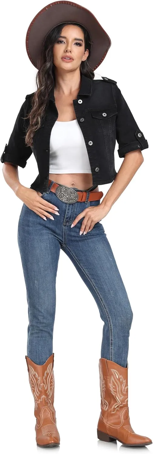 Anienaya Women's Short Sleeve Stretchy Denim Jacket Button Down Summer Cropped Trucker Jean Jackets