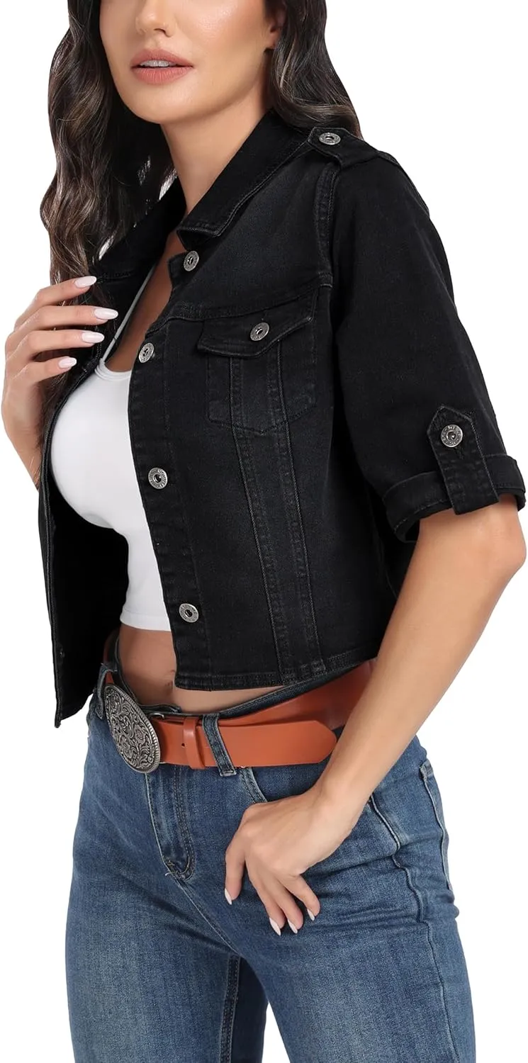 Anienaya Women's Short Sleeve Stretchy Denim Jacket Button Down Summer Cropped Trucker Jean Jackets