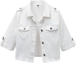 Anienaya Women's Short Sleeve Stretchy Denim Jacket Button Down Summer Cropped Trucker Jean Jackets
