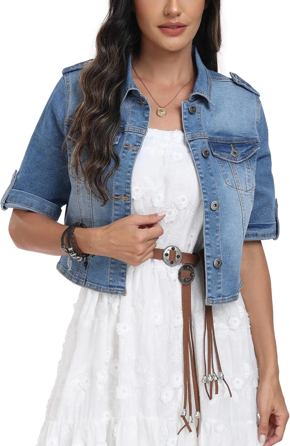 Anienaya Women's Short Sleeve Stretchy Denim Jacket Button Down Summer Cropped Trucker Jean Jackets