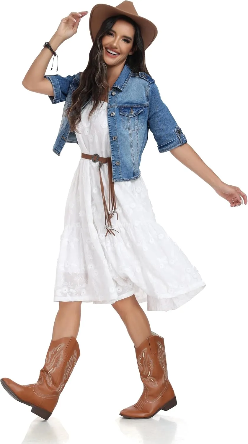 Anienaya Women's Short Sleeve Stretchy Denim Jacket Button Down Summer Cropped Trucker Jean Jackets