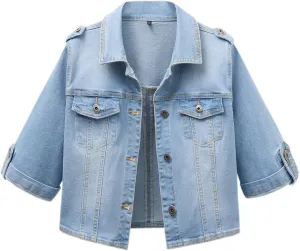 Anienaya Women's Short Sleeve Stretchy Denim Jacket Button Down Summer Cropped Trucker Jean Jackets