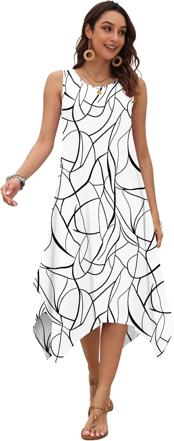 AUSELILY Women's Summer Dresses 2025 Casual Sleeveless Sundress Asymmetrical Hem Midi Tank Beach Dress with Pockets