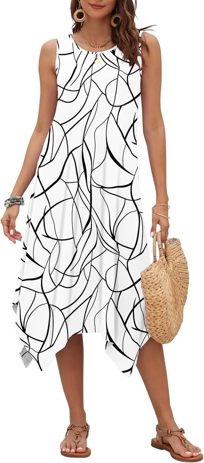AUSELILY Women's Summer Dresses 2025 Casual Sleeveless Sundress Asymmetrical Hem Midi Tank Beach Dress with Pockets