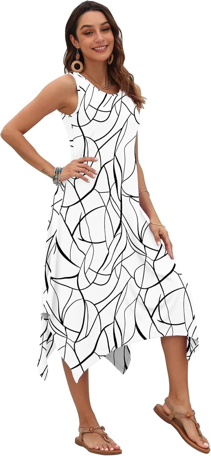 AUSELILY Women's Summer Dresses 2025 Casual Sleeveless Sundress Asymmetrical Hem Midi Tank Beach Dress with Pockets