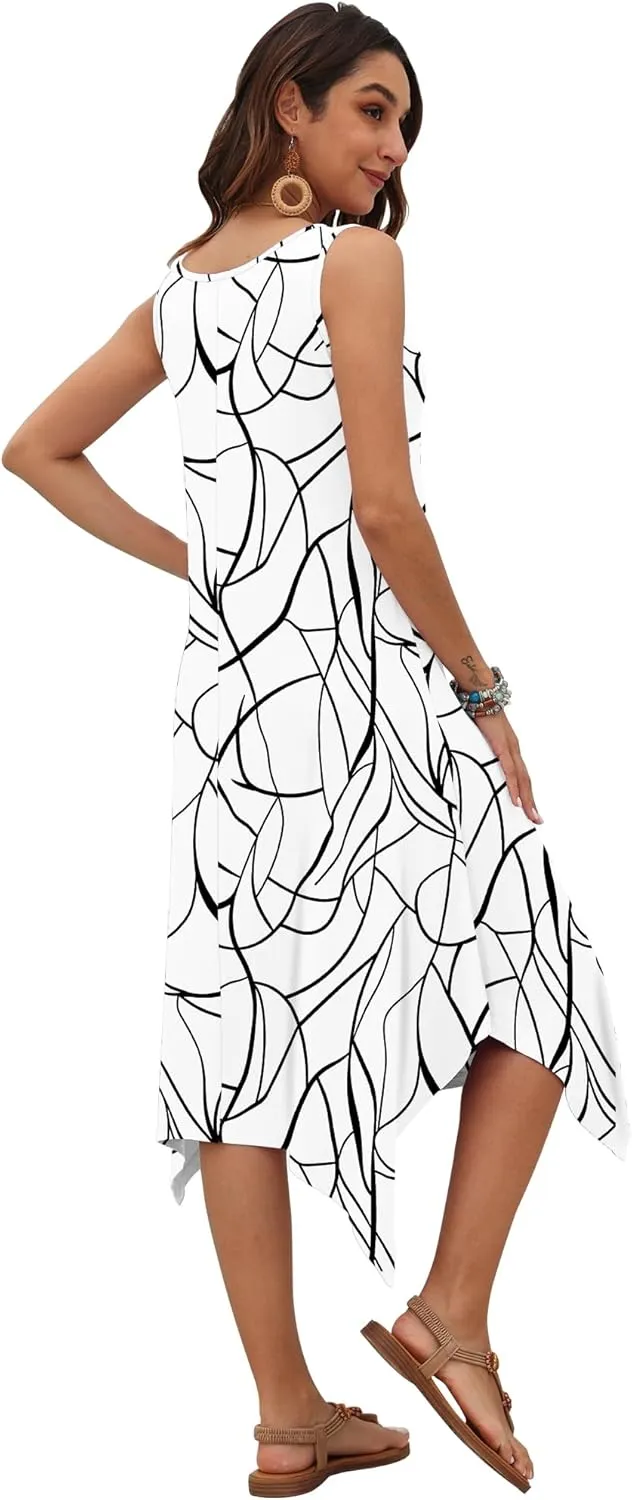 AUSELILY Women's Summer Dresses 2025 Casual Sleeveless Sundress Asymmetrical Hem Midi Tank Beach Dress with Pockets