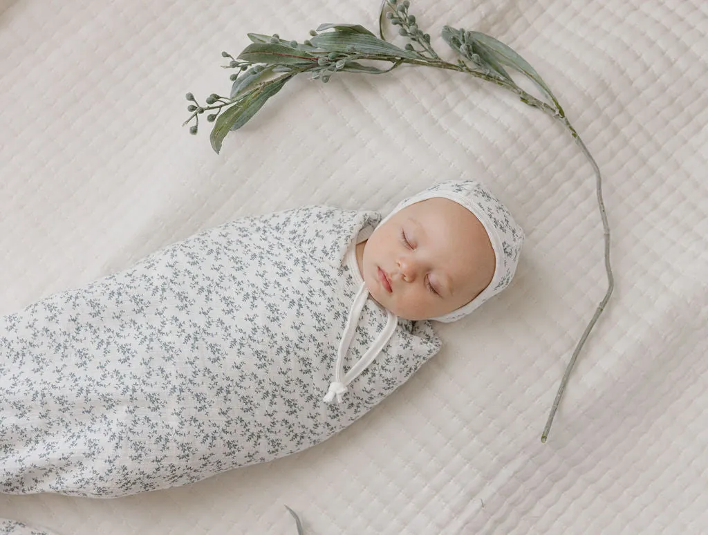Baby Muslin Swaddle | Velour Vine Pattern | Blue on Ivory | Ely's & Co