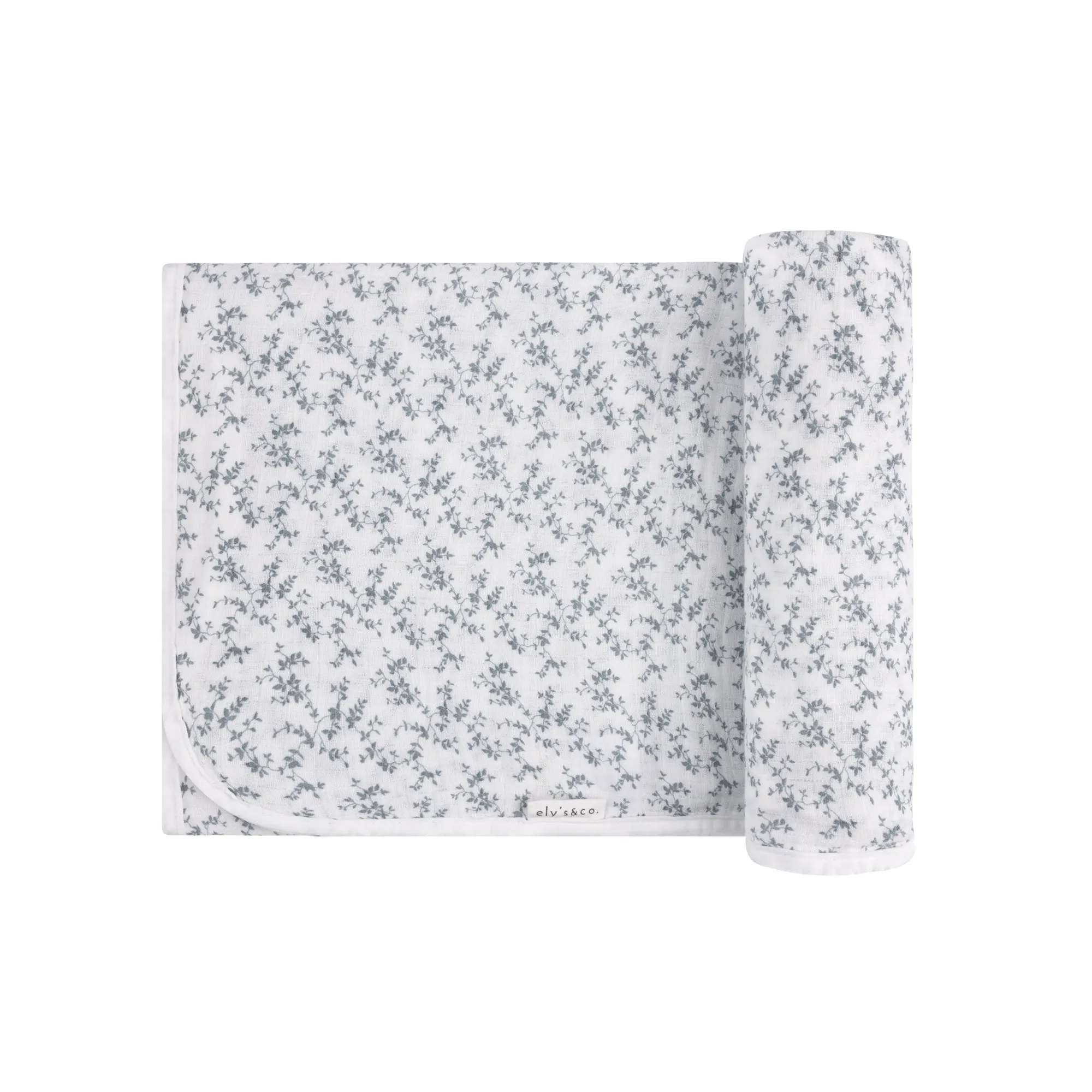 Baby Muslin Swaddle | Velour Vine Pattern | Blue on Ivory | Ely's & Co