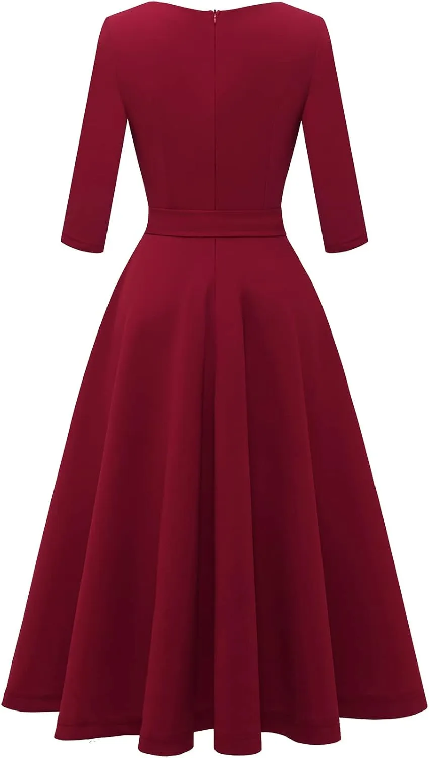 Bbonlinedress Women Casual Vintage Tea Dress Cocktail Prom Midi Church Dresses, V-Neck 3/4 Sleeves Dress