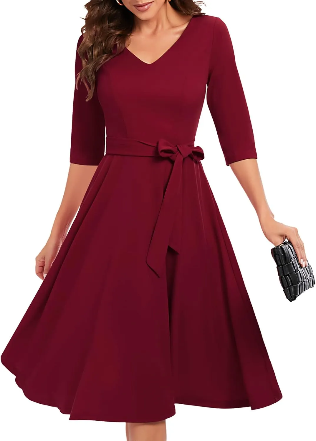 Bbonlinedress Women Casual Vintage Tea Dress Cocktail Prom Midi Church Dresses, V-Neck 3/4 Sleeves Dress