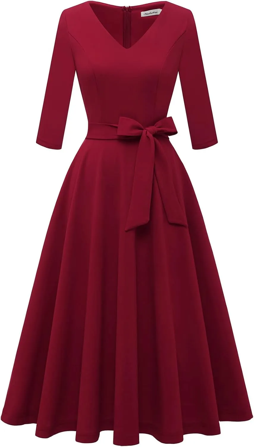 Bbonlinedress Women Casual Vintage Tea Dress Cocktail Prom Midi Church Dresses, V-Neck 3/4 Sleeves Dress