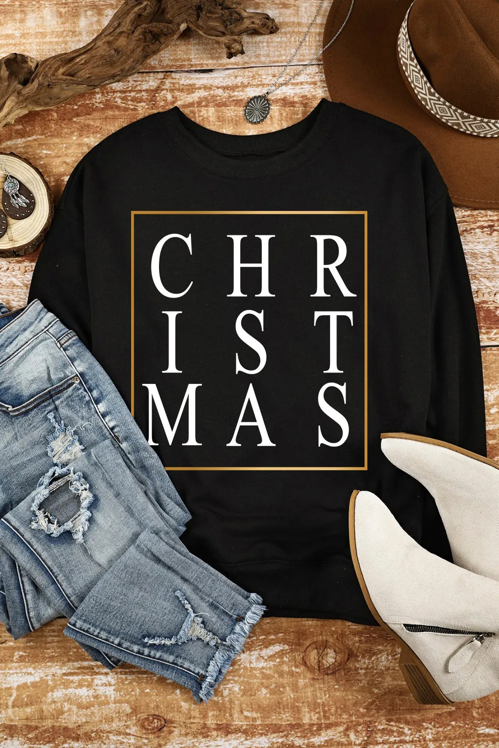 Black Christmas Text Print Sweatshirt